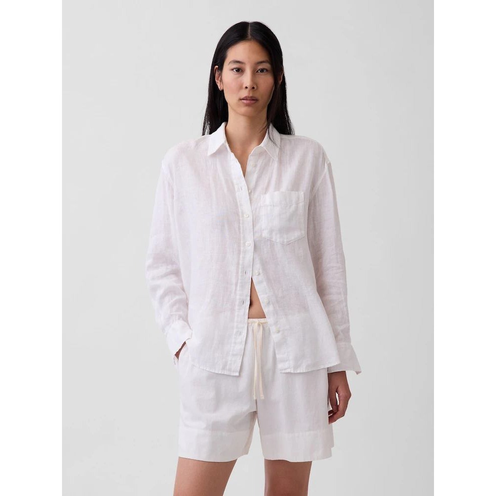 NEW Gap Linen Button Front Collared Long Sleeve Oversized Shirt White Medium